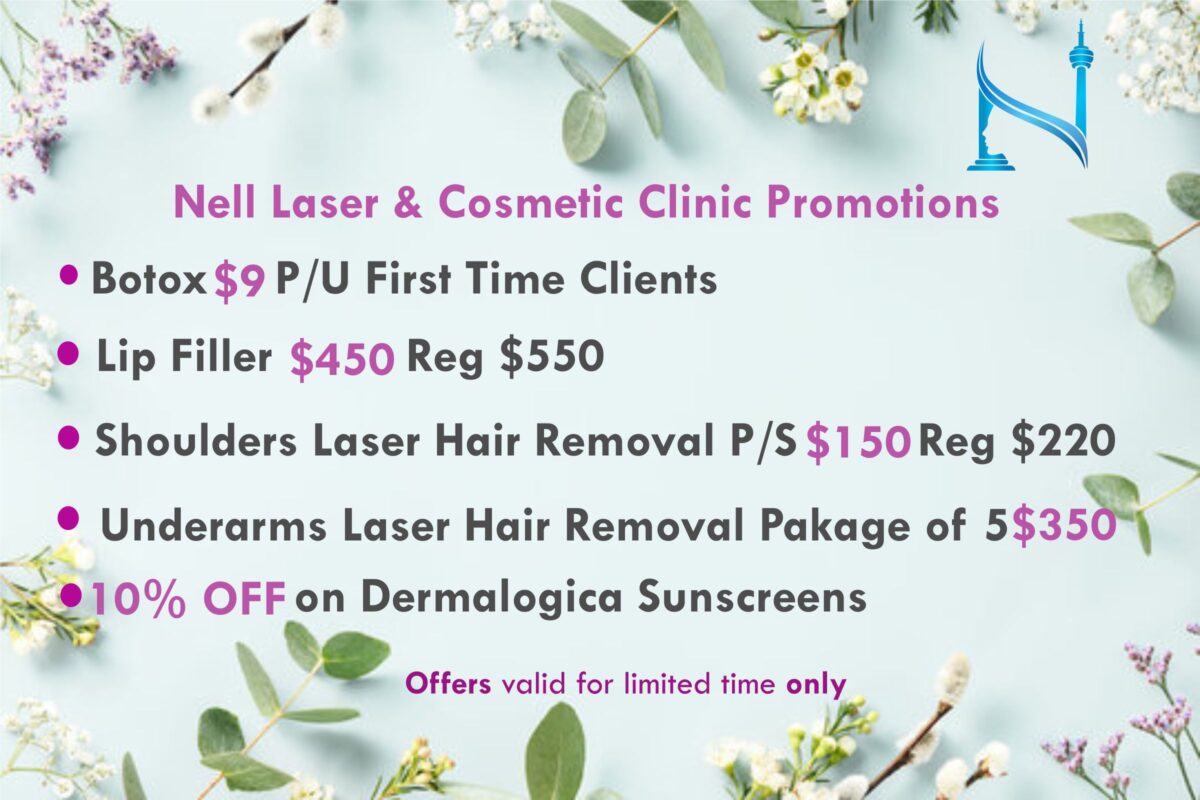 Promotional limited-time offers on Botox starting at $9/unit (25% off), lip filler at $450 per syringe (save $150), underarms laser hair removal packages at 30% off, and medical-grade sunscreen at 10% off at a reliable aesthetic clinic.